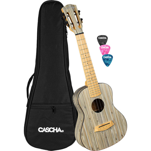 Cascha Bamboo Series Concert Ukulele with Graphite Finish, 23", Carbon Strings, 10mm Padded Carry Bag, 3 Picks