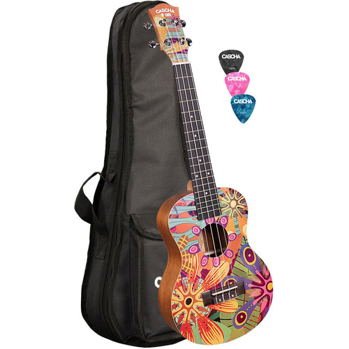 Cascha Art Series Tenor Ukulele - Flowers Design, Solid Spruce Top, Mahogany Body, Aquila Strings, Padded Bag & Picks Included