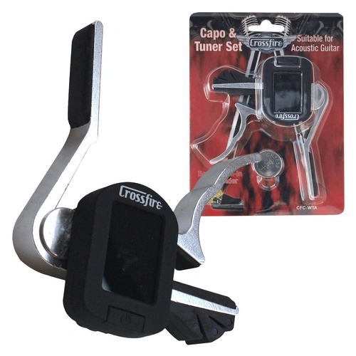 Crossfire Trigger-Style Acoustic Guitar Capo with Chromatic Tuner and Pick Holder (Nickel)