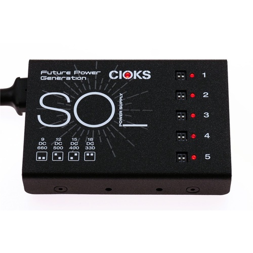Cioks SOL Power Supply for Pedalboards, 30W DC, 5 Isolated Outlets, 660mA, Switchable Voltages, Includes Flex Cables and Mounting Hardware