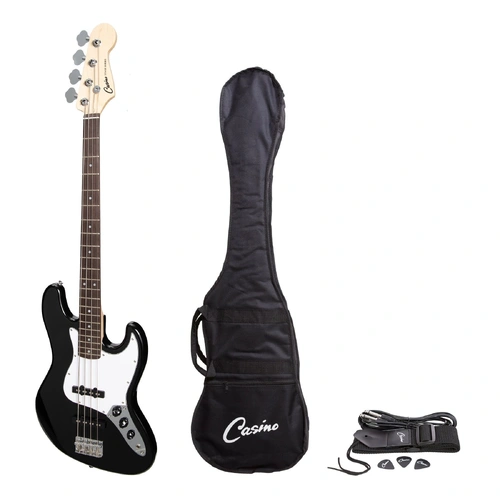 Casino CJB-21 J-Style Electric Bass Guitar Black with Gig Bag and Accessories