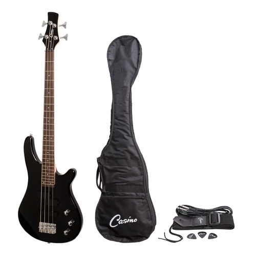 Casino 150 Series Short Scale Tune-Style Electric Bass Guitar Set (Black)