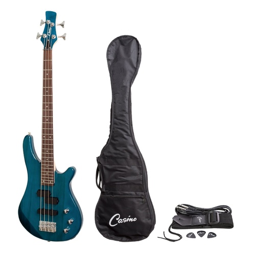 Casino 150 Series Short Scale Tune-Style Electric Bass Guitar Set (Transparent Blue)