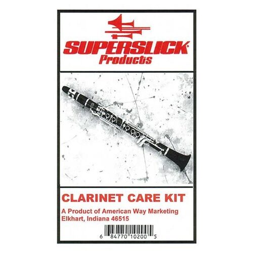 Superslick Clarinet Care Kit with Swab, Cork Grease, Reedguard, Thumb Cushion, Mouthpiece Brush, Duster Brush, and Maintenance Instructions