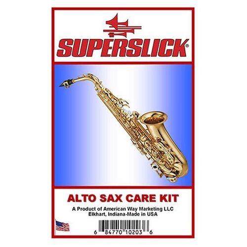 Superslick Alto Saxophone Care Kit with Polish Cloth, Cork Grease, Swabs, Reedguard, Mouthpiece Brush, and Maintenance Instructions