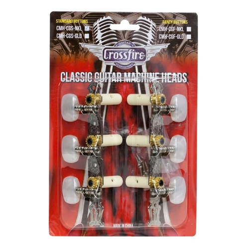 Crossfire Classical Guitar Machine Head Set - Nickel Plated Tuners with Oval Buttons