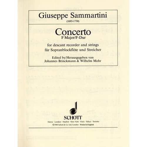 Sammartini Concerto in F for Descant Recorder & Strings, Schott Music, 117 Pages