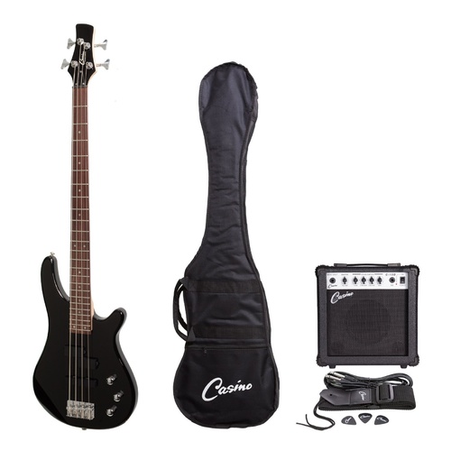 Casino 150 Series Tune-Style Electric Bass Guitar and 15 Watt Amplifier Pack (Black)