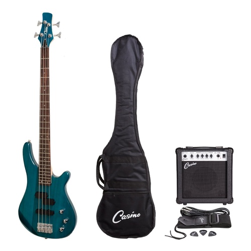 Casino 150 Series Tune-Style Electric Bass Guitar and 15 Watt Amplifier Pack (Transparent Blue)