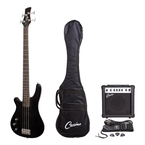 Casino 150 Series Tune-Style Left Handed Electric Bass Guitar and 15 Watt Amplifier Pack (Black)