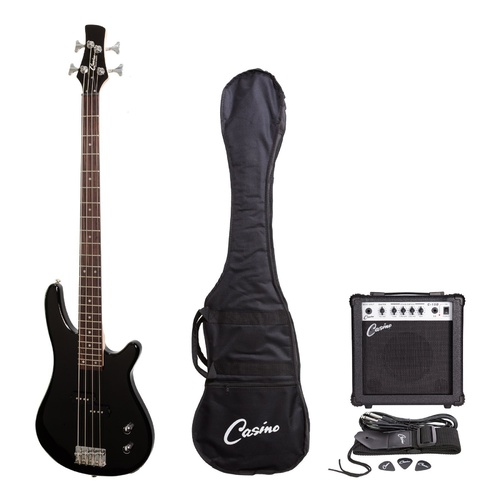 Casino 100 Series Tune-Style Electric Bass Guitar and 15 Watt Amplifier Pack (Black)