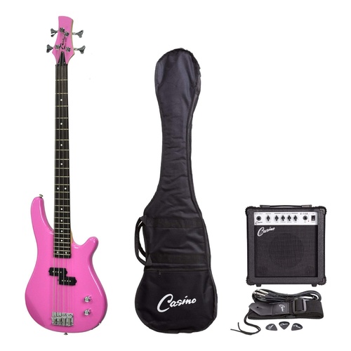 Casino 100 Series Tune-Style Electric Bass Guitar and 15 Watt Amplifier Pack (Pink)