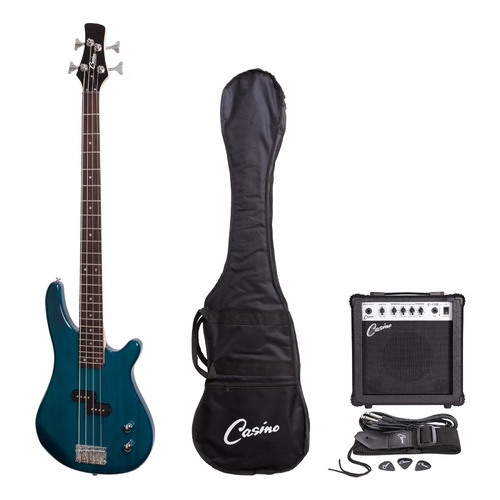 Casino 100 Series Tune-Style Electric Bass Guitar and 15 Watt Amplifier Pack (Transparent Blue)