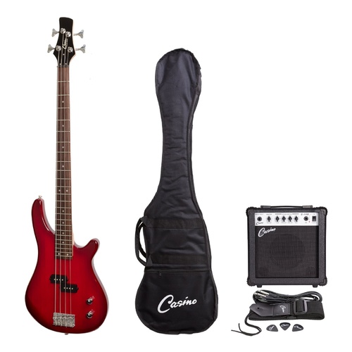 Casino 100 Series Tune-Style Electric Bass Guitar and 15 Watt Amplifier Pack (Transparent Wine Red)
