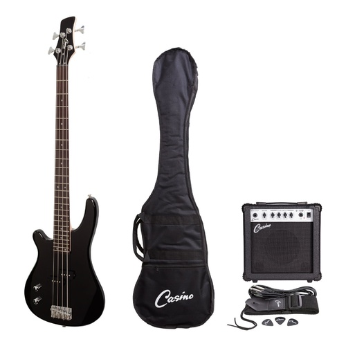 Casino 100 Series Tune-Style Left Handed Electric Bass Guitar and 15 Watt Amplifier Pack (Black)
