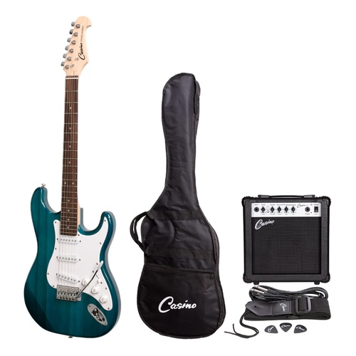 Casino ST Style Electric Guitar and 15 Watt Amplifier Pack (Transparent Blue)