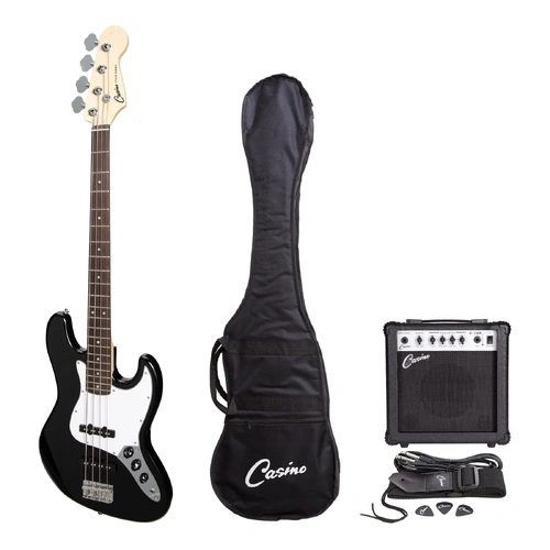Casino J-Style Electric Bass Guitar Pack with 15 Watt Amplifier - Black