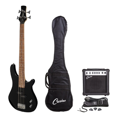 Casino 24 Series Short Scale T-Style Electric Bass Guitar Pack with 15 Watt Amplifier (Black)