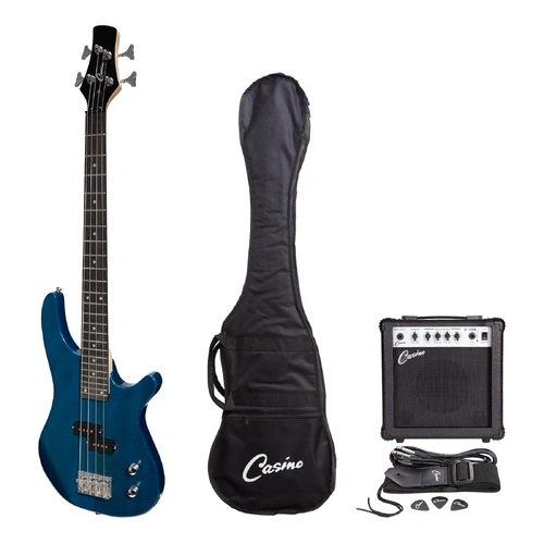 Casino CTB-24S-TBL Short Scale T-Style Electric Bass Guitar with 15W Amplifier Pack - Transparent Blue