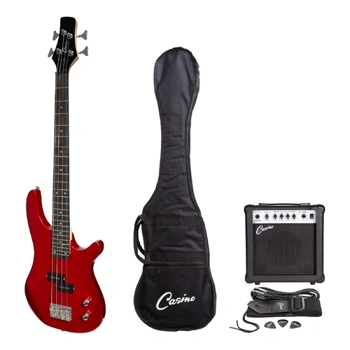 Casino CTB-24S-TWR Short Scale T-Style Electric Bass Guitar Pack with 15 Watt Amplifier in Transparent Wine Red