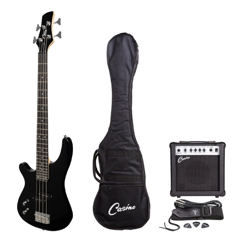 Casino '24 Series' Left Handed Short Scale Electric Bass Guitar Pack with 15W Amplifier - Black