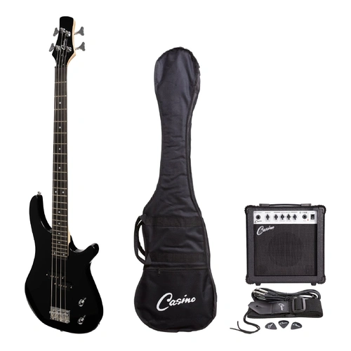 Casino CTB-24-BLK Electric Bass Guitar Pack with 15 Watt Amplifier, Gig Bag, Strap, Lead, Picks, and Tuner - Black T-Style