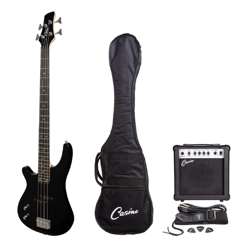 Casino CTB-24L-BLK Left Handed T-Style Electric Bass Guitar with 15 Watt Amplifier Pack (Black)