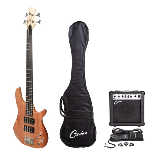 Casino '24 Series' Mahogany T-Style Electric Bass Guitar Pack with 15 Watt Amplifier (Natural Gloss)