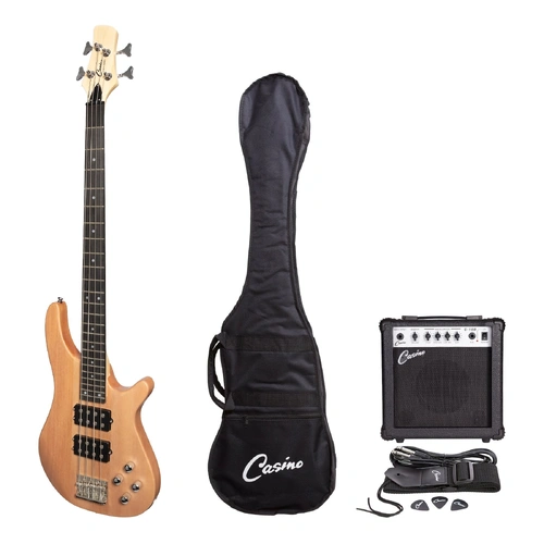 Casino '24 Series' Mahogany T-Style Electric Bass Guitar Pack with 15W Amplifier, Gig Bag, and Accessories - Natural Satin