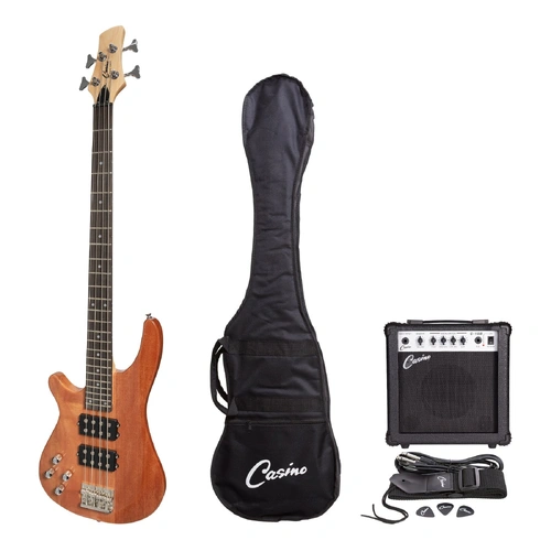 Casino '24 Series' Left Handed Mahogany T-Style Electric Bass Guitar Pack with 15 Watt Amplifier (Natural Gloss)