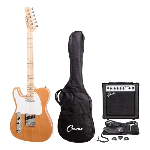 Casino TE-Style Left Handed Electric Guitar Set with 15 Watt Amplifier Pack - Natural Gloss