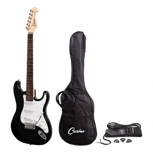 Casino CST-22-BLK Electric Guitar Set ST-Style Black with Gig Bag, Strap, Lead, and Picks