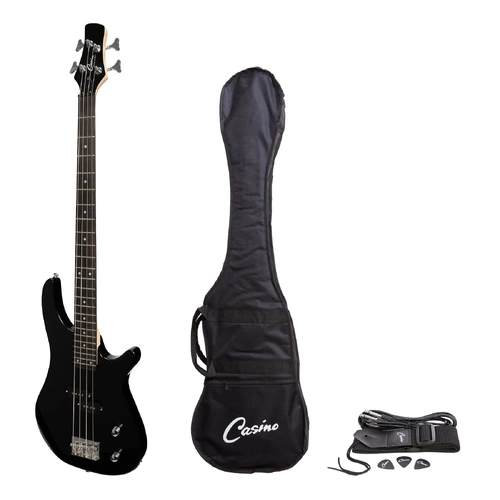 Casino CTB-24-BLK Electric Bass Guitar Set, T-Style, Black, 4 Strings, Gig Bag Included, Right-Handed