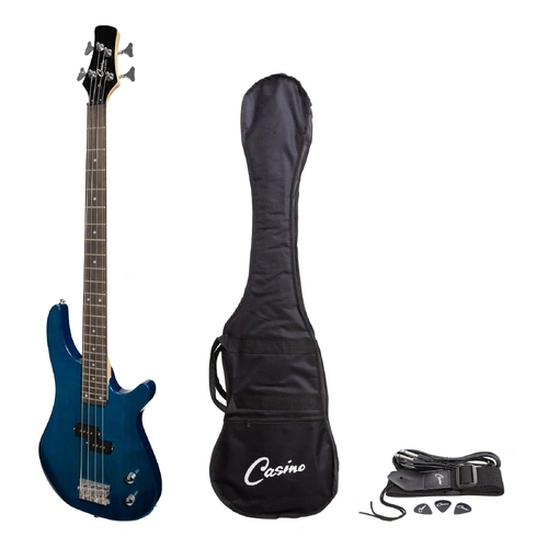 Casino CTB-24-TBL Electric Bass Guitar Set T-Style Transparent Blue with Gig Bag, Strap, Lead, and Picks
