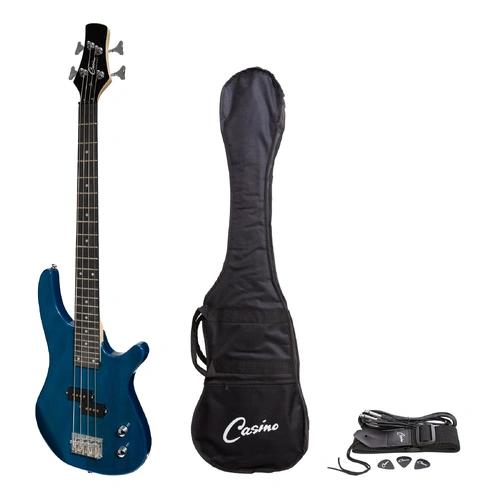Casino CTB-24S-TBL Short Scale T-Style Electric Bass Guitar Set with Gig Bag - Transparent Blue