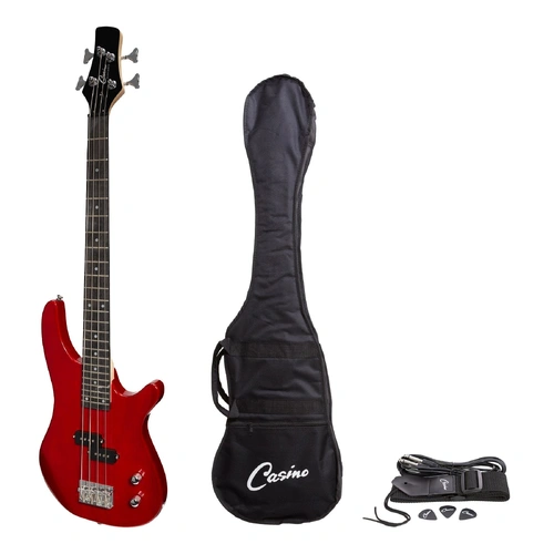 Casino CTB-24S-TWR Short Scale T-Style Electric Bass Guitar Set in Transparent Wine Red with Gig Bag, Strap, Lead, and Picks