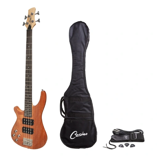 Casino '24 Series' Left Handed Mahogany T-Style Electric Bass Guitar Set Natural Gloss with Gig Bag and Accessories