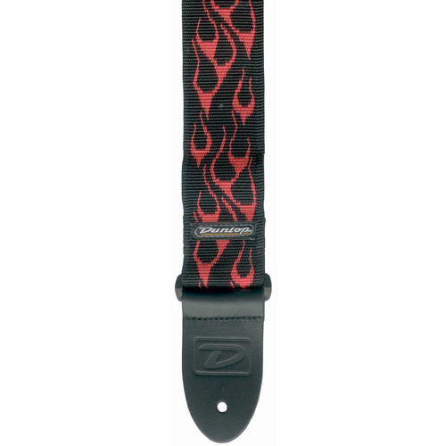 Jim Dunlop Guitar Strap Red Flame 2 Inch Tough Nylon, Leather Ends