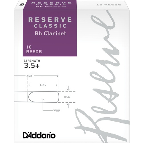D'Addario Reserve Classic Bb Clarinet Reeds, Strength 3.5+, 10-pack