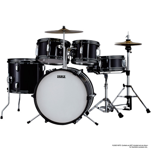 Peace 5-Piece Junior Drum Kit with Hardware - Black Wrap Finish, Poplar Plywood Shells, Includes Hi-Hat Stand, Snare Stand, Cymbal Holder, Bass Drum P