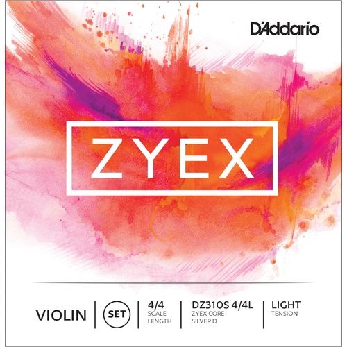 D'Addario Zyex Violin String Set with Silver D, 4/4 Scale, Light Tension