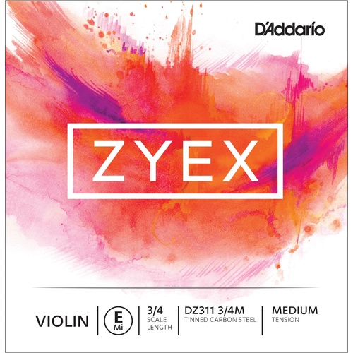 D'Addario Zyex Violin Single E String, 3/4 Scale, Medium Tension