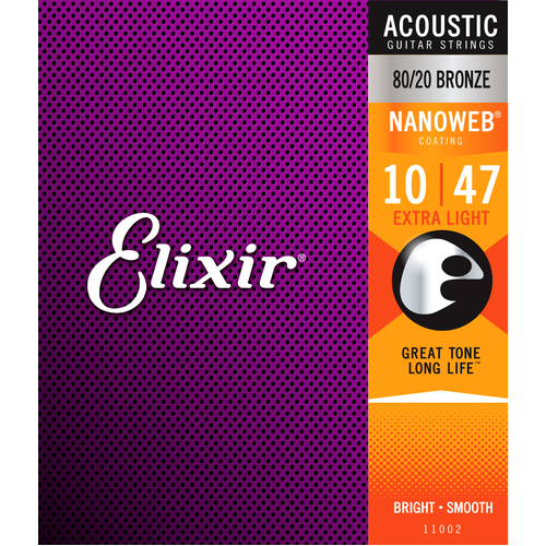 Elixir 11002 Nanoweb 80-20 Extra Light 10-47 Coated Acoustic Guitar Strings