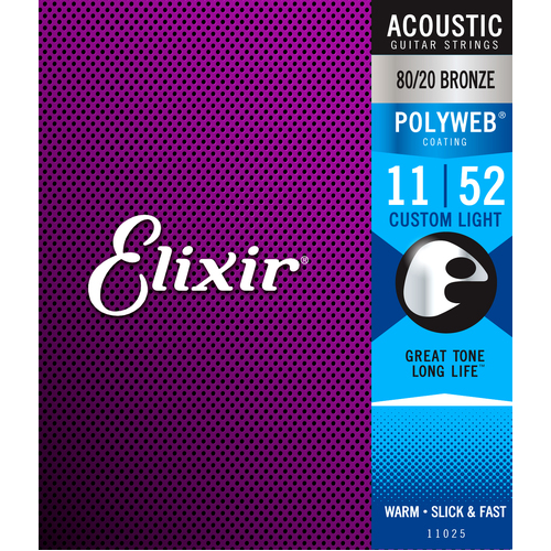 Elixir 11025 Polyweb 80-20 Custom Light 11-52 Acoustic Guitar Strings