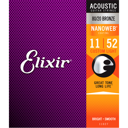 Elixir 11027 Nanoweb 80-20 Custom Light 11-52 Acoustic Guitar Strings