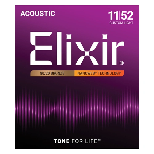 Elixir 11027 Nanoweb 80/20 Custom Light Acoustic Guitar Strings 11-52