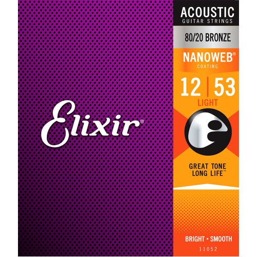 Elixir 11052 Nanoweb 80-20 Light 12-53 Acoustic Guitar Strings
