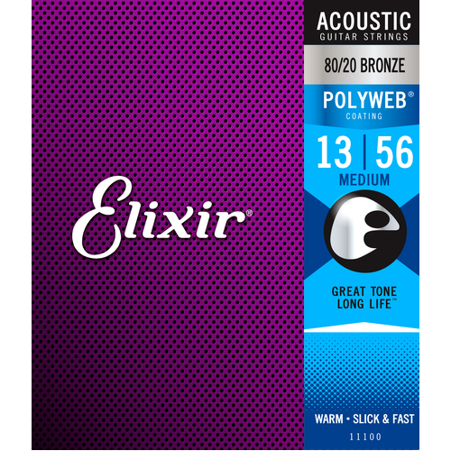 Elixir 11100 Polyweb 80-20 Medium 13-56 Acoustic Guitar Strings 