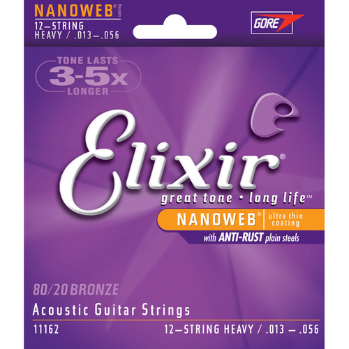 Elixir 11162 Nanoweb 80-20 12 String Heavy 13-56 Acoustic Guitar Strings