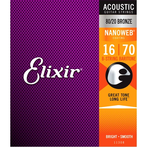 Elixir 11308 Nanoweb 80/20 Acoustic Baritone Guitar Strings 8-String 16-70
